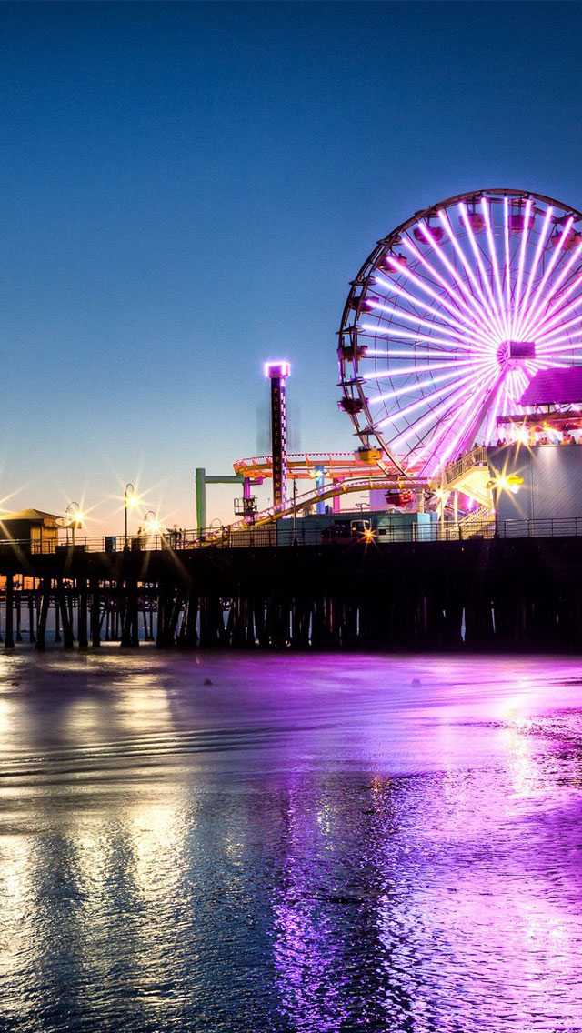 santa monica wallpaper,ferris wheel,landmark,tourist attraction,cityscape,reflection