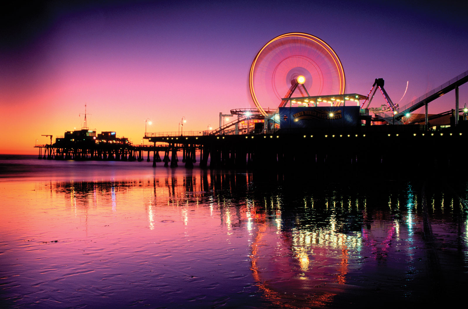 santa monica wallpaper,reflection,sky,landmark,water,night