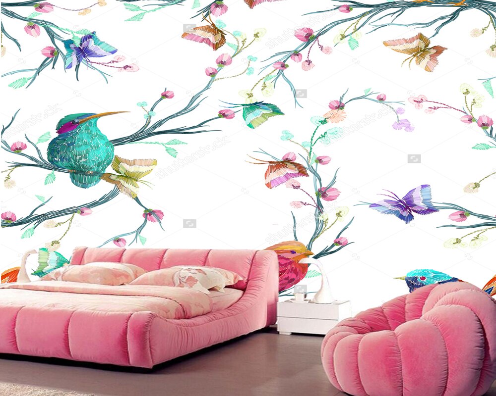 bird butterfly wallpaper,wallpaper,couch,wall,wall sticker,pink