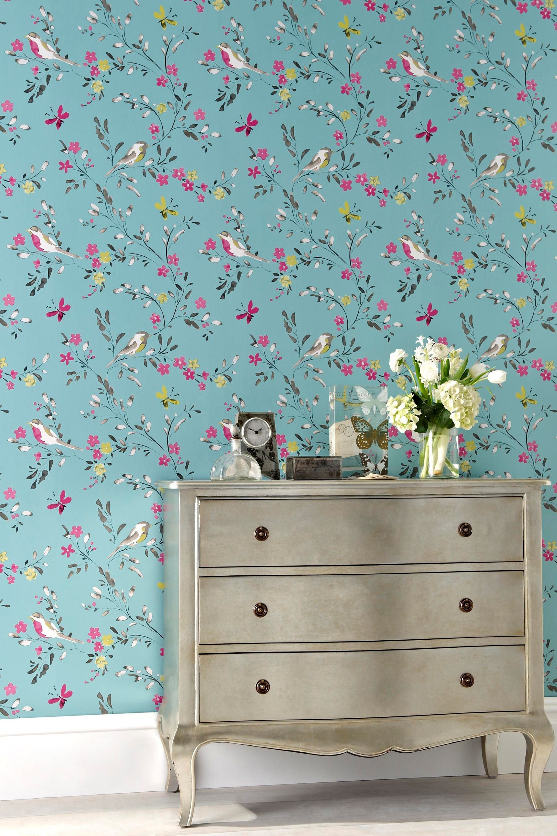teal bird wallpaper,chest of drawers,wallpaper,wall,dresser,furniture