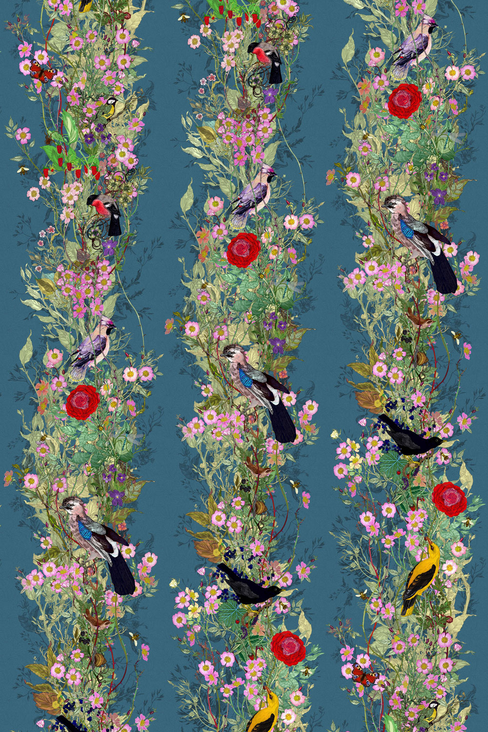 teal bird wallpaper,pattern,textile,plant,design,tree