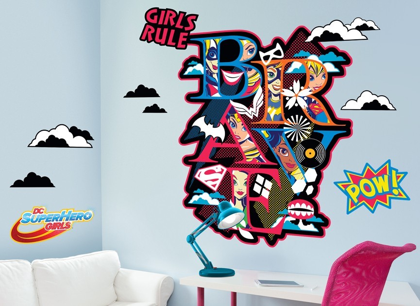 sfondo di ragazze supereroe dc,adesivo da parete,parete,font,camera,etichetta