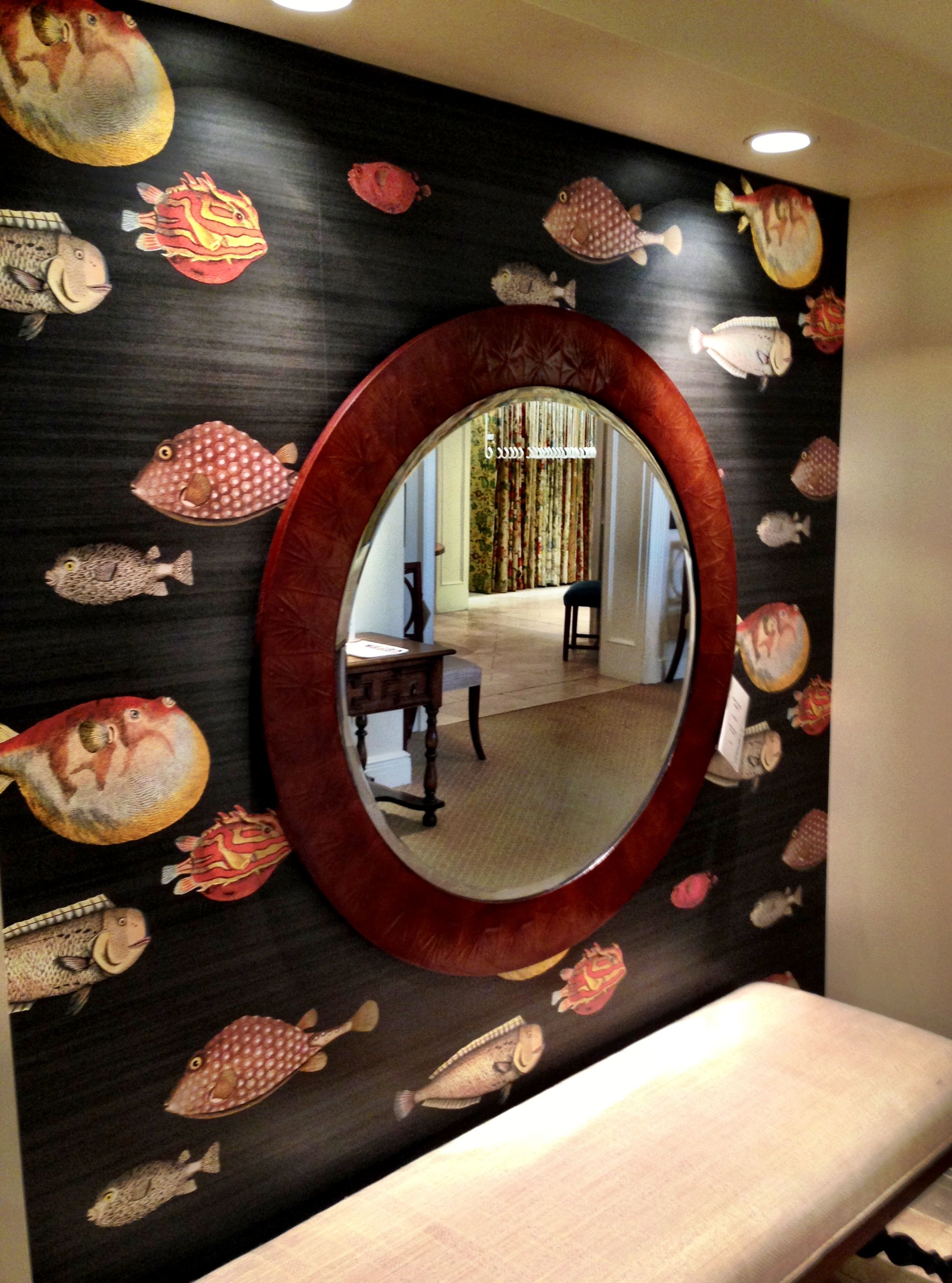 fish design wallpaper,room,interior design,mirror,table,architecture