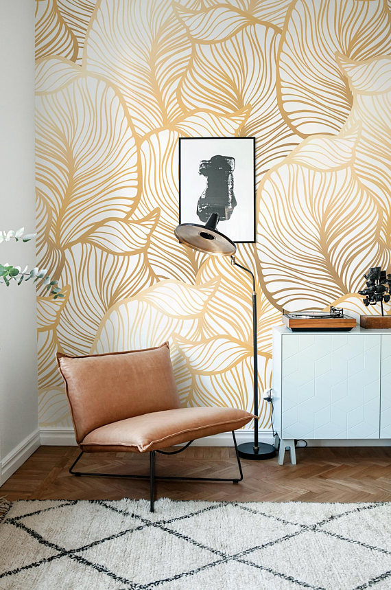 large leaf wallpaper,wall,room,wallpaper,interior design,furniture