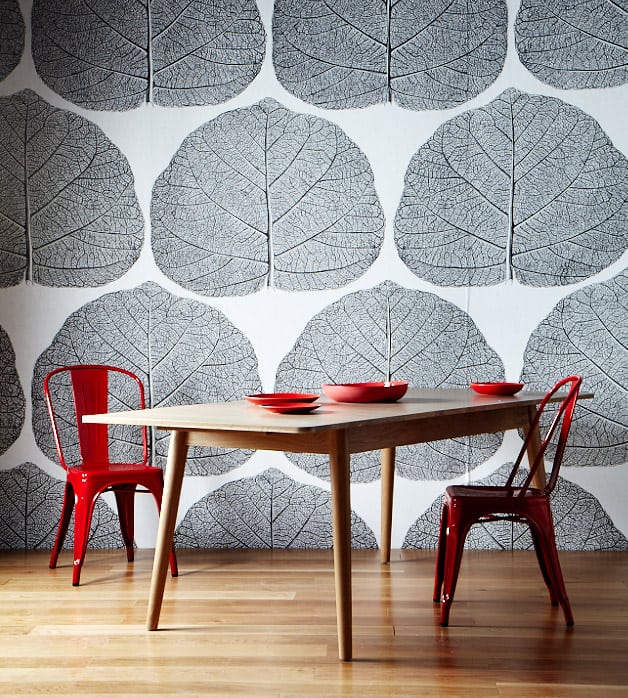 large leaf wallpaper,furniture,table,wall,room,leaf