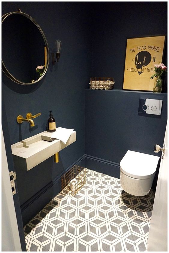 A Cool Guest Toilet With Navy Walls, A Geometric Floor, - Small Toilet Decor Ideas- WallpaperUse