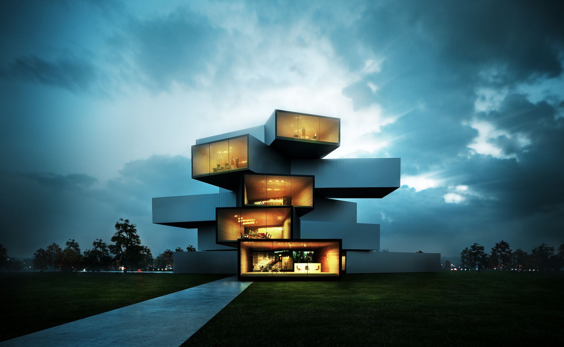 현대 가정 벽지,하늘,건축물,구름,집,디자인