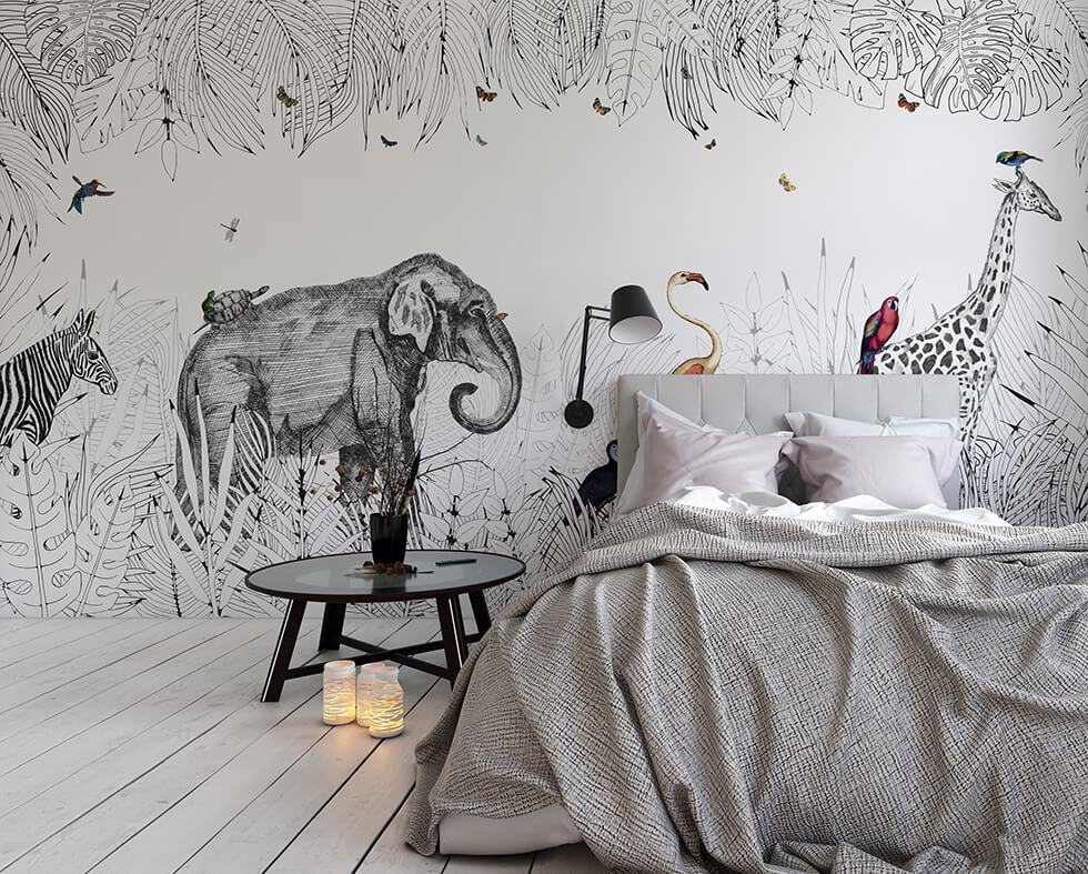 아우 벽지,벽,벽지,방,검정색과 흰색,코끼리