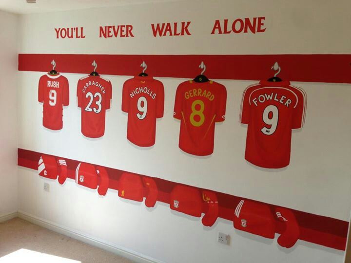 liverpool fc bedroom wallpaper,red,font,room,team,t shirt