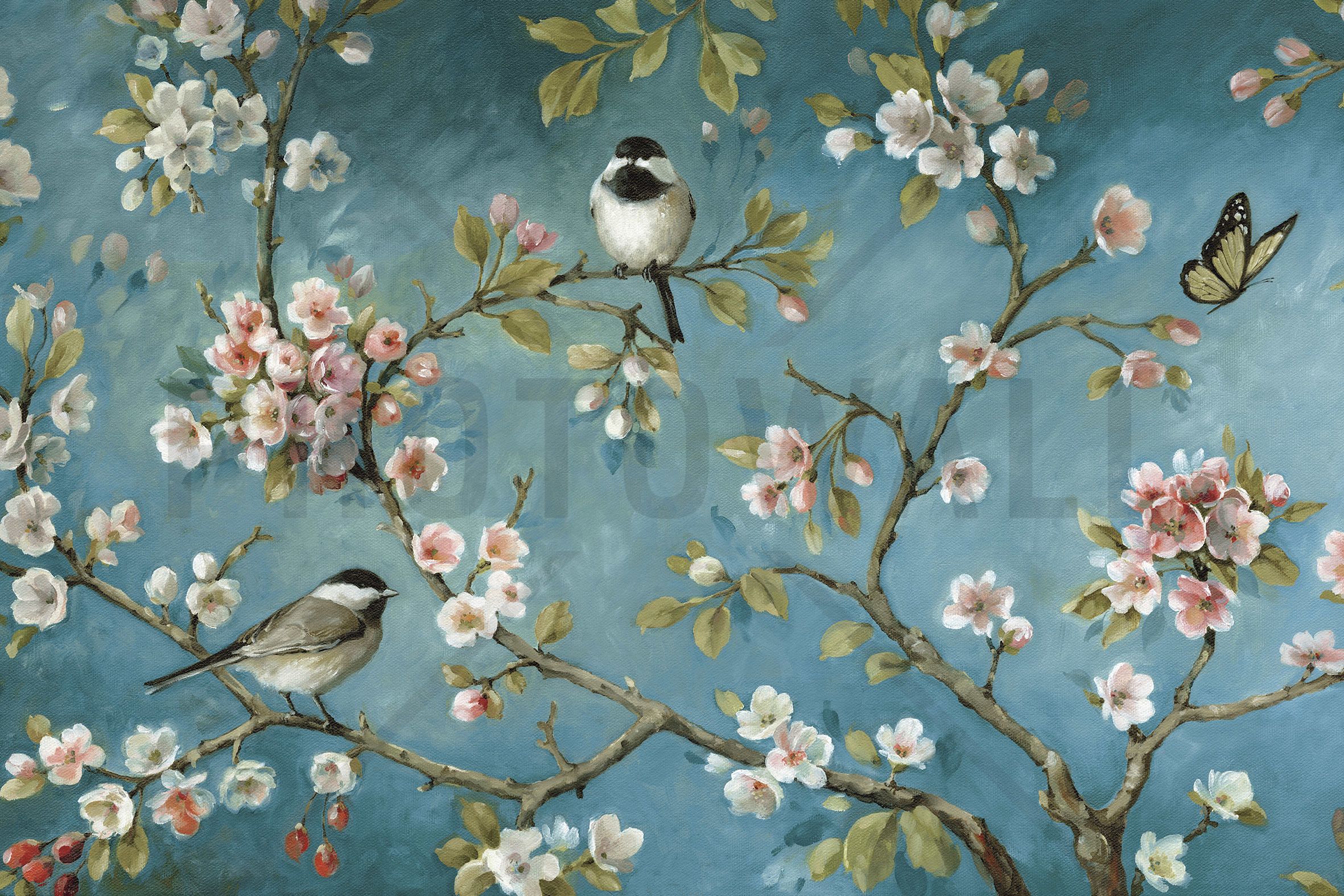 floral and bird wallpaper,branch,bird,blossom,spring,painting
