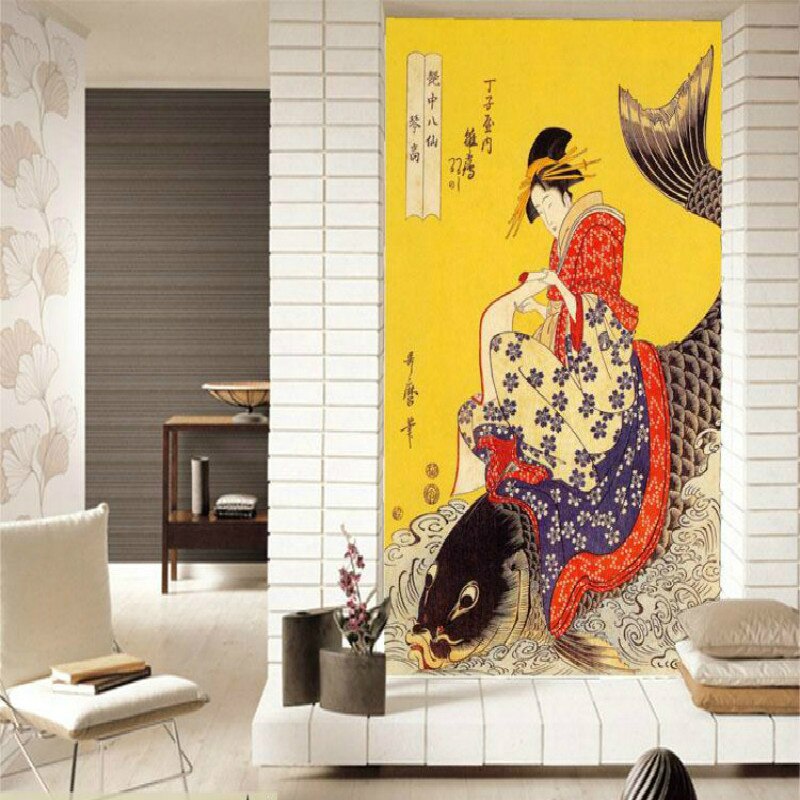 asian themed wallpaper,wallpaper,wall,yellow,room,interior design