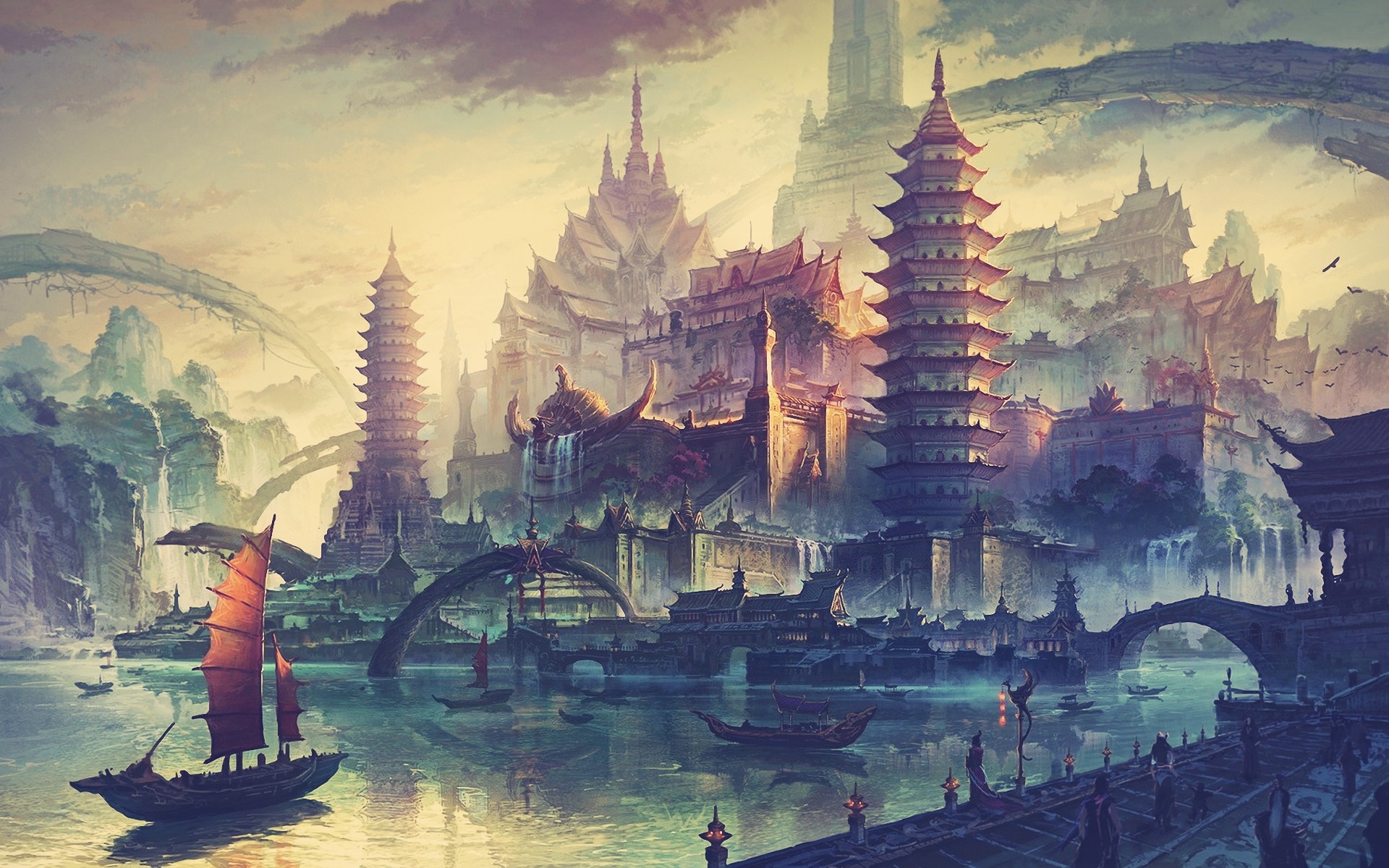asian themed wallpaper,painting,sky,watercolor paint,adventure game,art