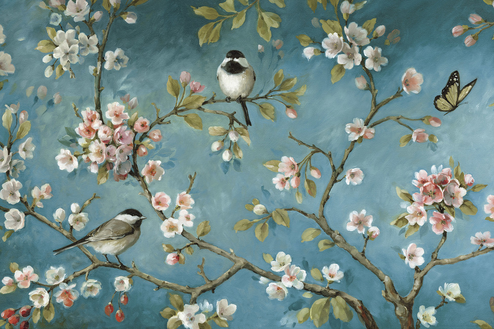 鳥柄の壁紙,鳥,花,春,ペインティング,工場