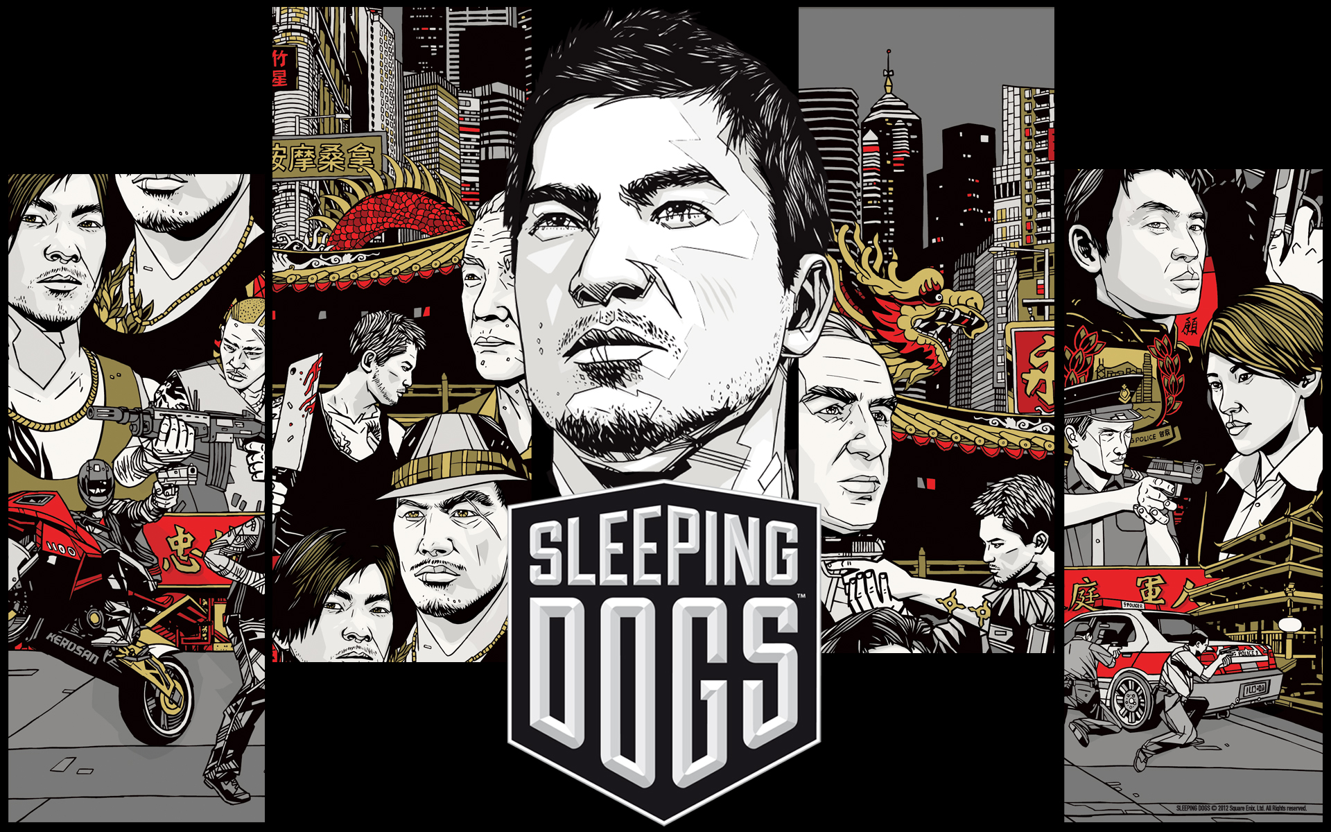 sleeping dogs wallpaper,graphic design,art,collage,illustration,poster