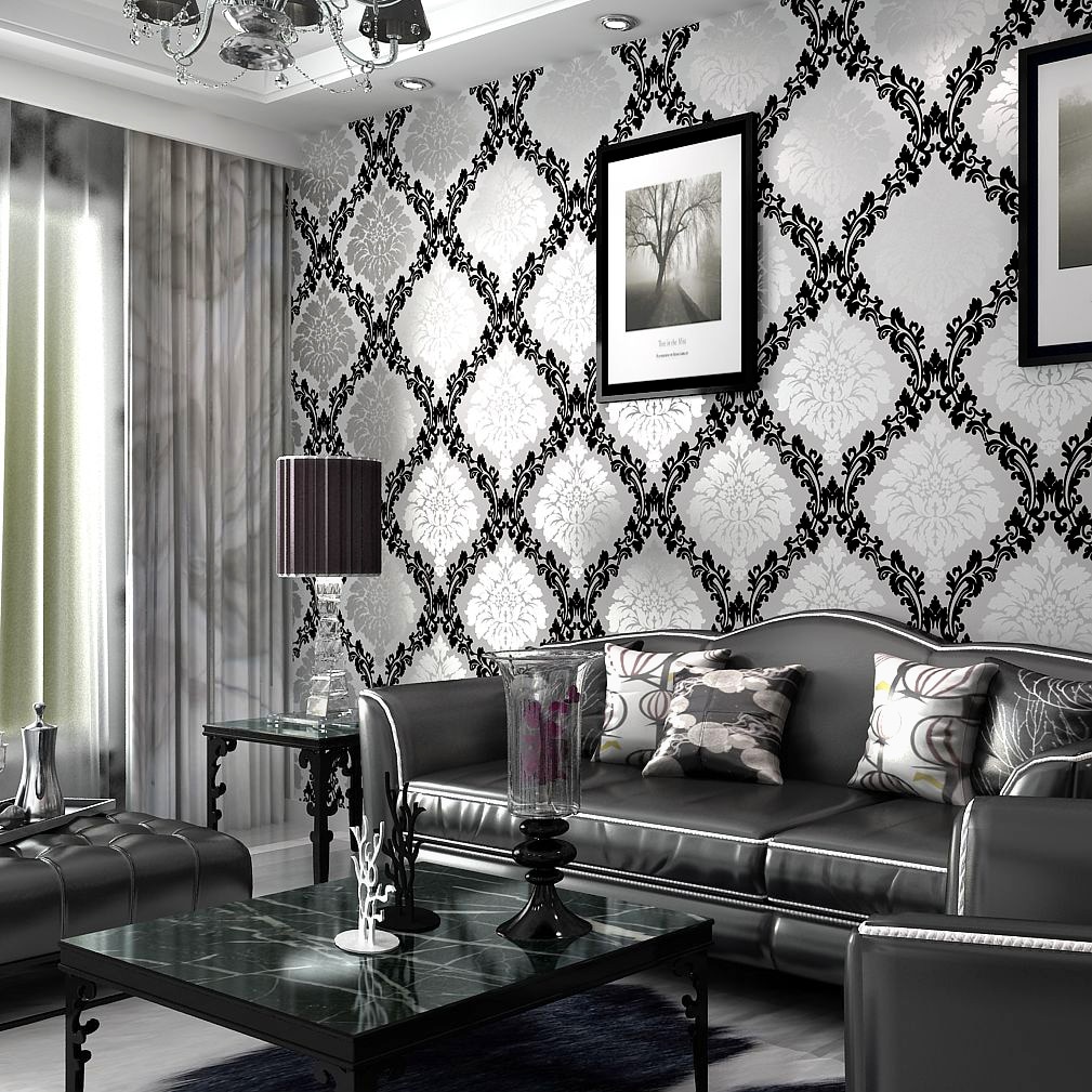 black living room wallpaper,living room,room,interior design,black,black and white