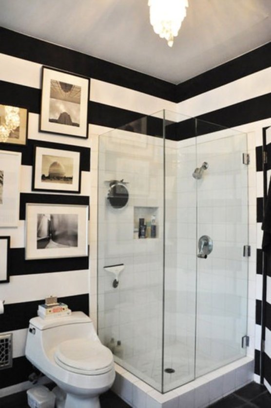 욕실 용 스트라이프 벽지,화장실,방,특성,인테리어 디자인,검정색과 흰색