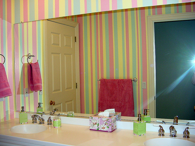 striped wallpaper for bathrooms,pink,curtain,interior design,room,window treatment