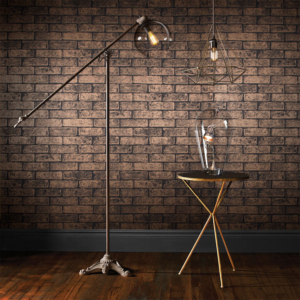 metallic brick wallpaper,floor,light fixture,flooring,lamp,lighting