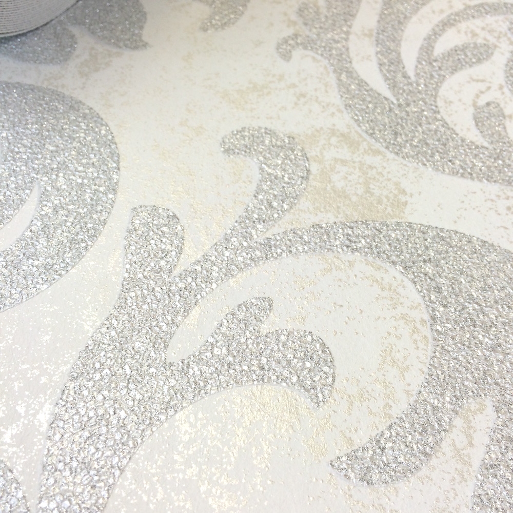 White Silver Glitter Wallpaper Damask Wallpaper Grey Glitter