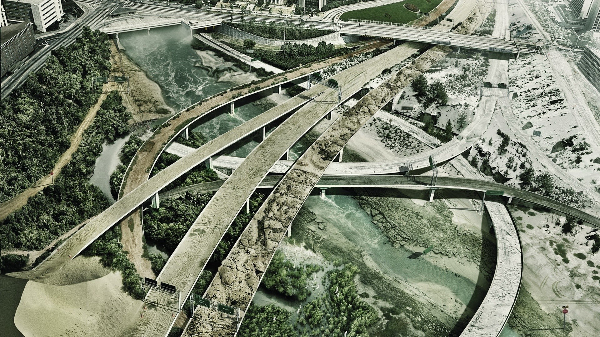 unique wallpaper download,aerial photography,junction,road,highway,bridge