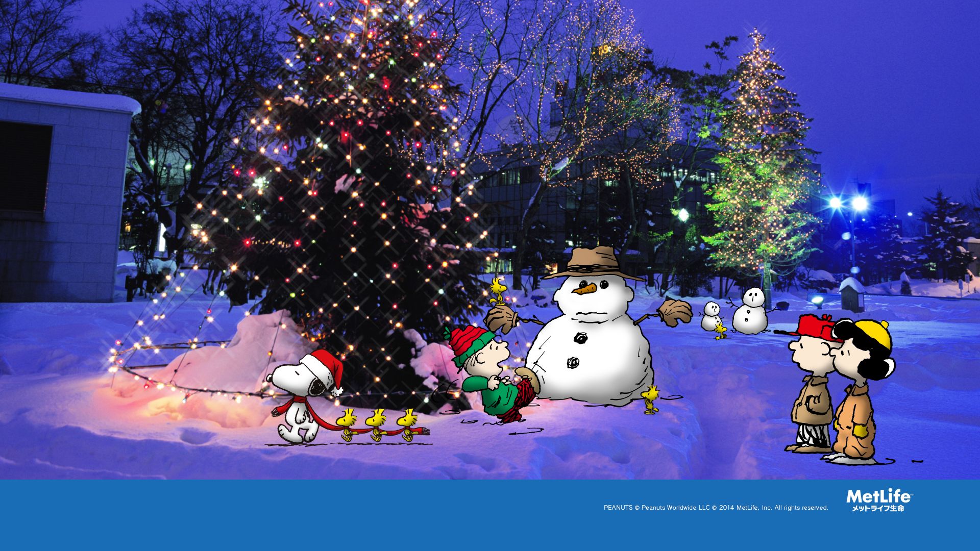 スヌーピークリスマス壁紙,クリスマスツリー,雪だるま,冬,雪,クリスマス