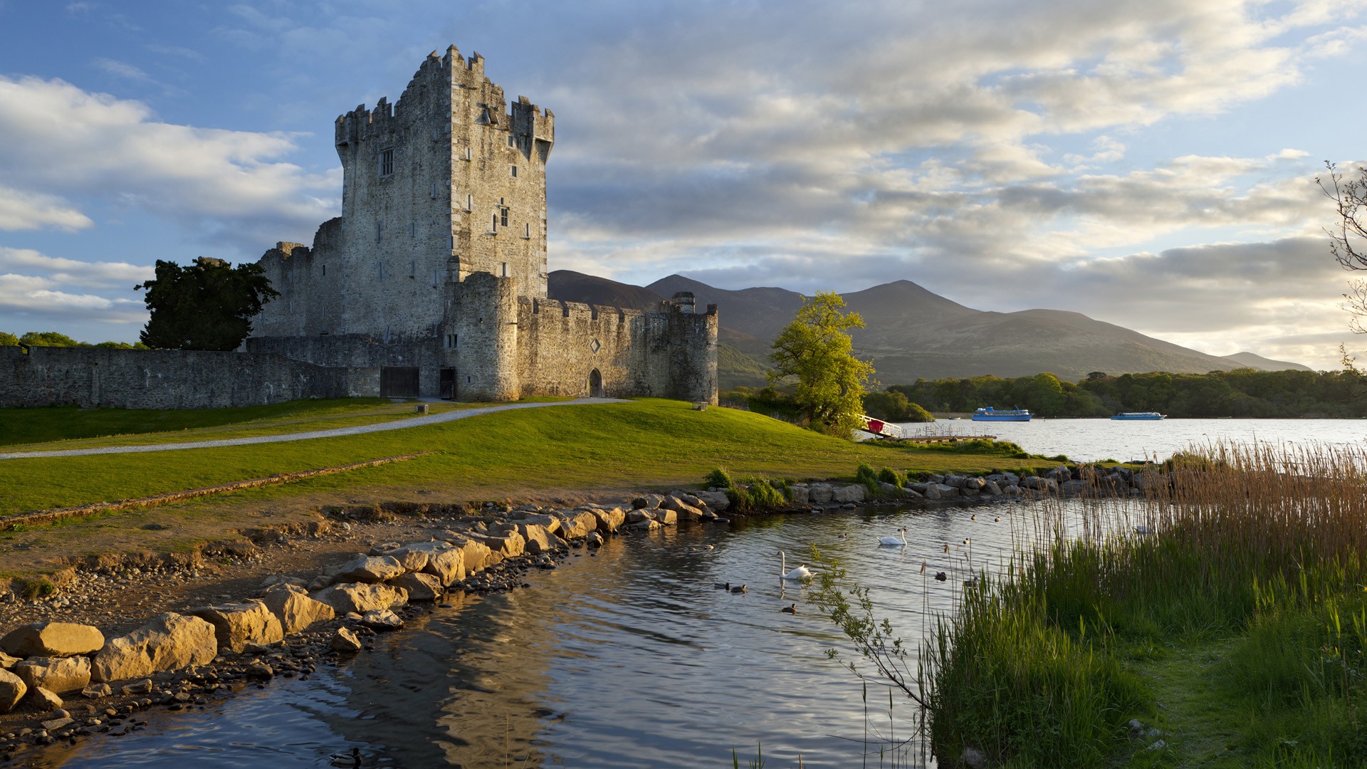 아일랜드 이미지 배경,성,호수,하늘,자연 경관,수로