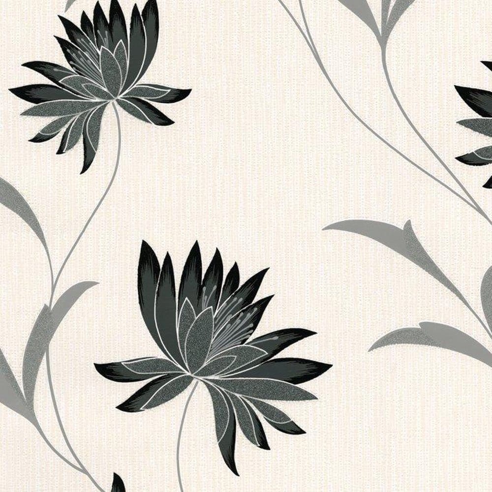회색 크림 벽지,잎,검정색과 흰색,식물,꽃,무늬