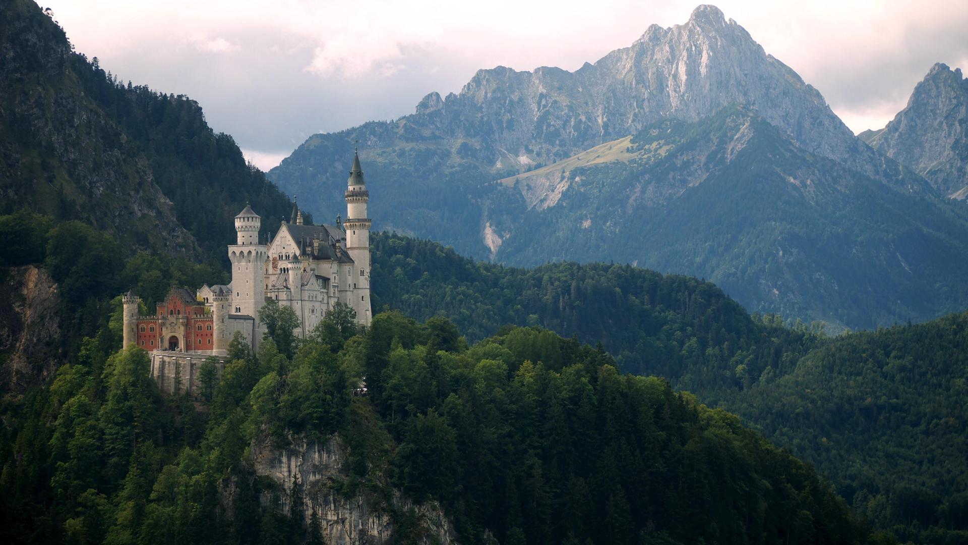 carta da parati del castello di neuschwanstein,montagna,stazione di collina,catena montuosa,alpi,paesaggio naturale