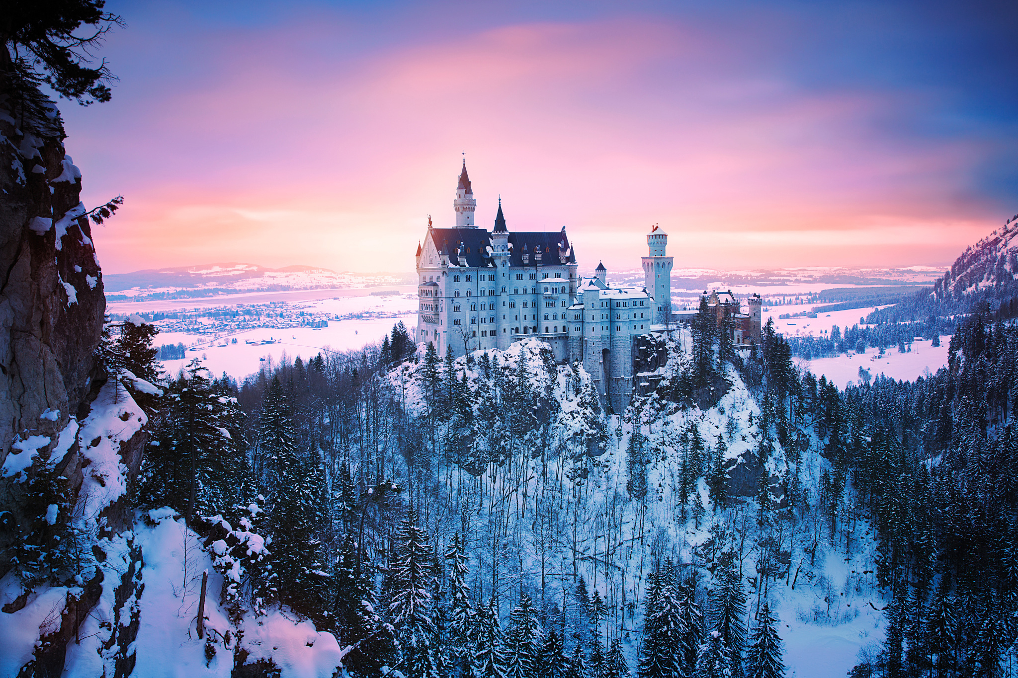 fond d'écran du château de neuschwanstein,ciel,la nature,paysage naturel,hiver,château