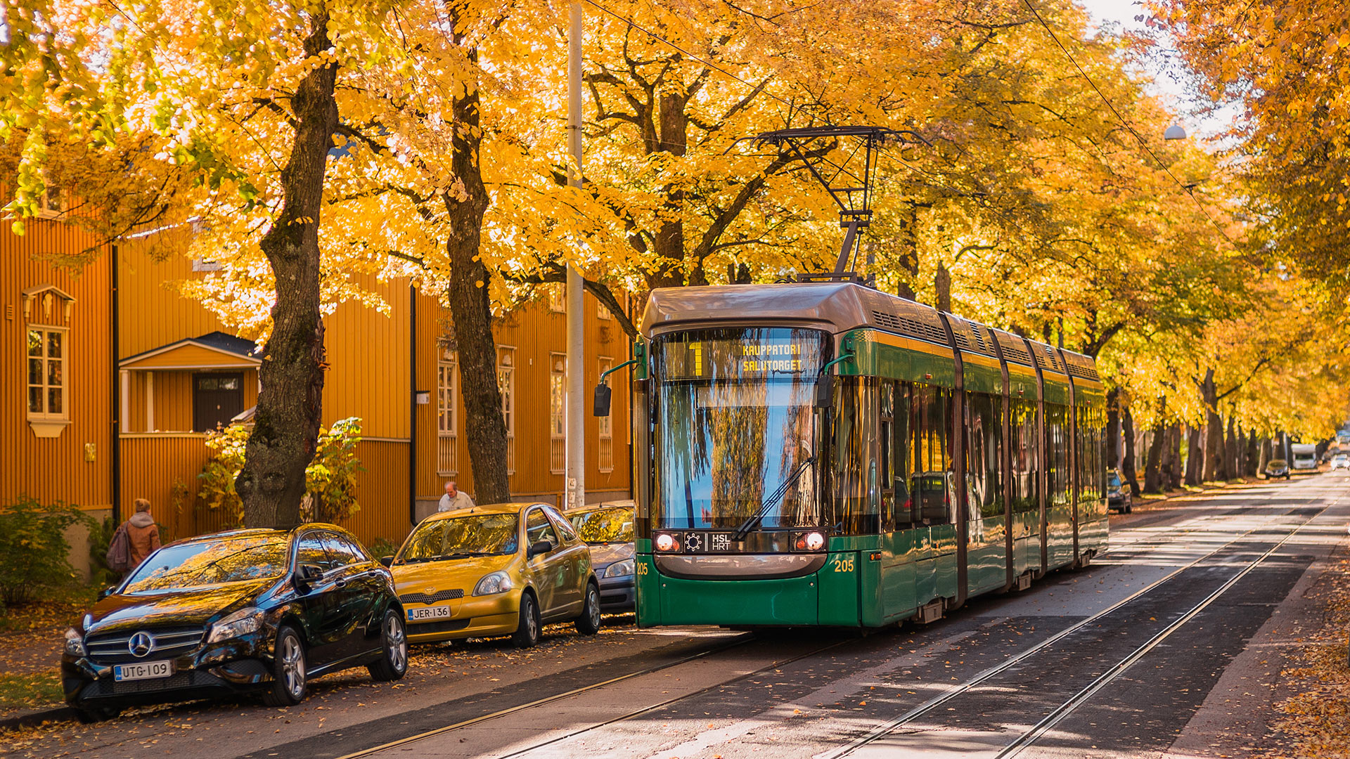 carta da parati di helsinki,albero,veicolo,tram,autunno,giallo