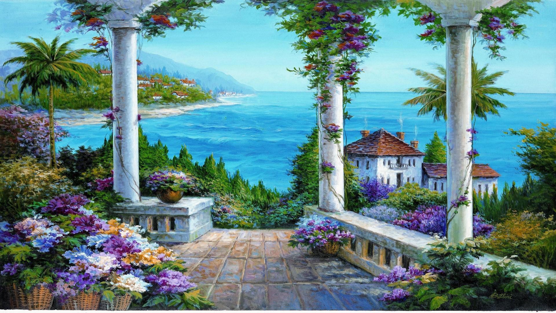 beautiful view wallpaper,property,natural landscape,painting,building,acrylic paint