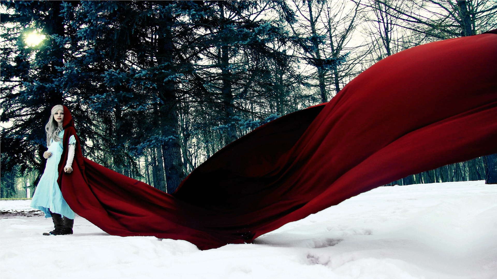 red riding hood wallpaper,red,snow,winter,tree,beauty