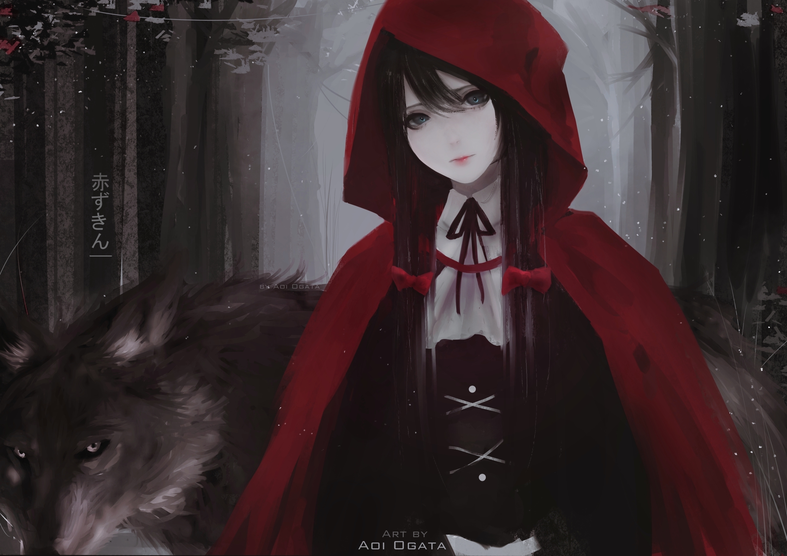 red riding hood wallpaper,red,anime,cg artwork,black hair,fictional character