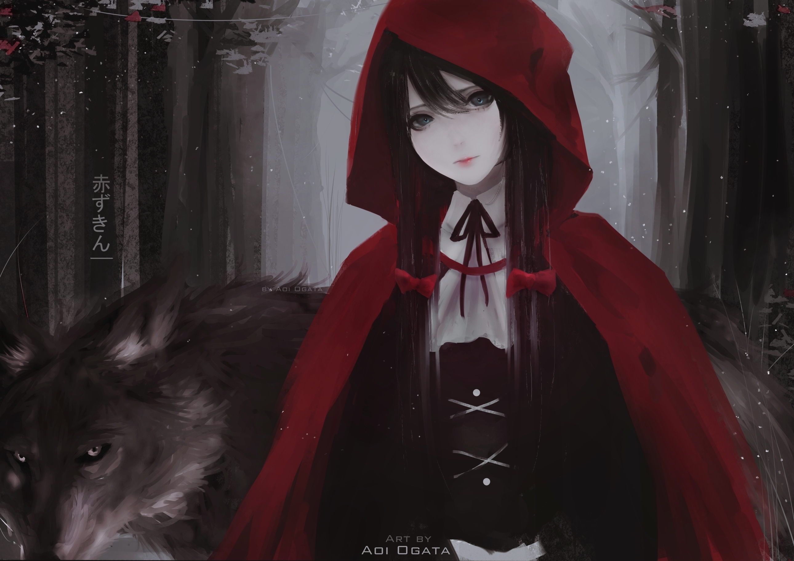 papier peint chaperon rouge,rouge,anime,oeuvre de cg,cheveux noirs,personnage fictif