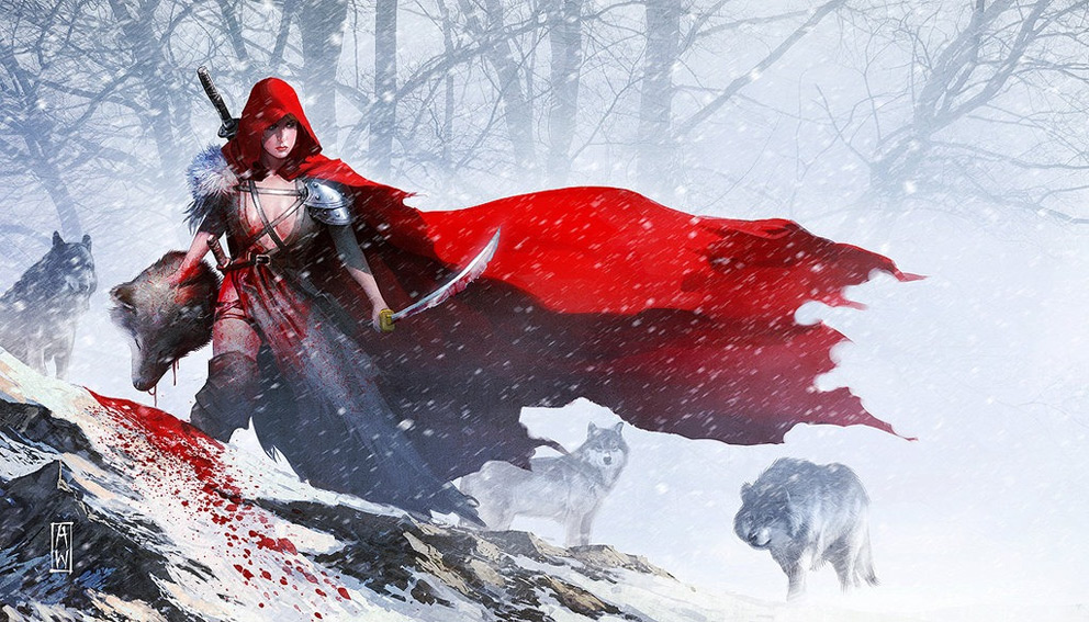 red riding hood wallpaper,illustration,fictional character,geological phenomenon,snow,winter storm