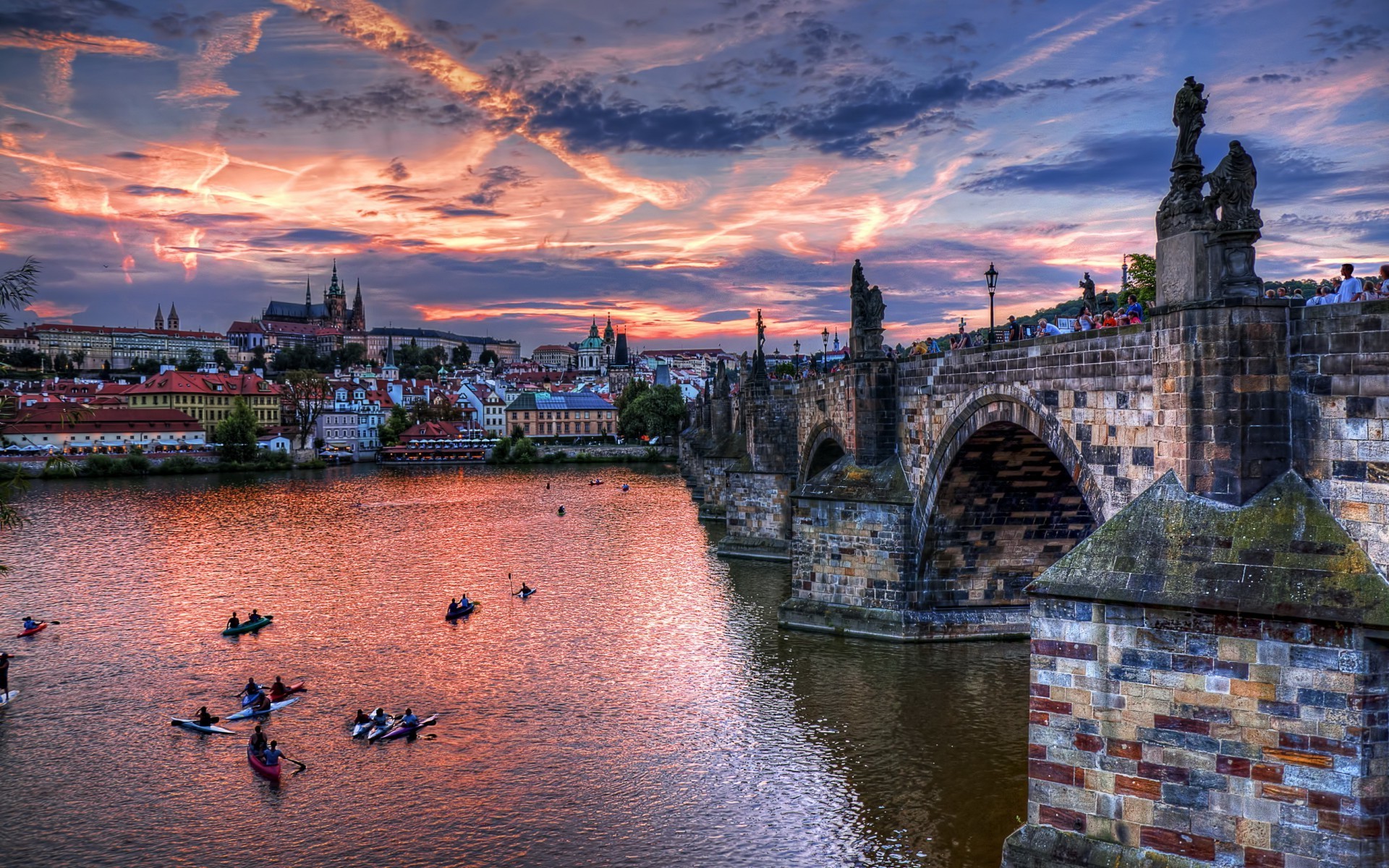 prague hd wallpaper,sky,river,bridge,landmark,reflection