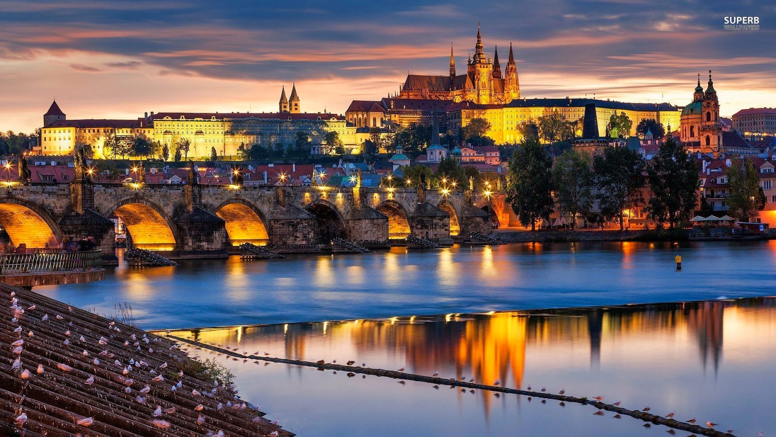 praga fondo de pantalla hd,cielo,reflexión,agua,río,noche