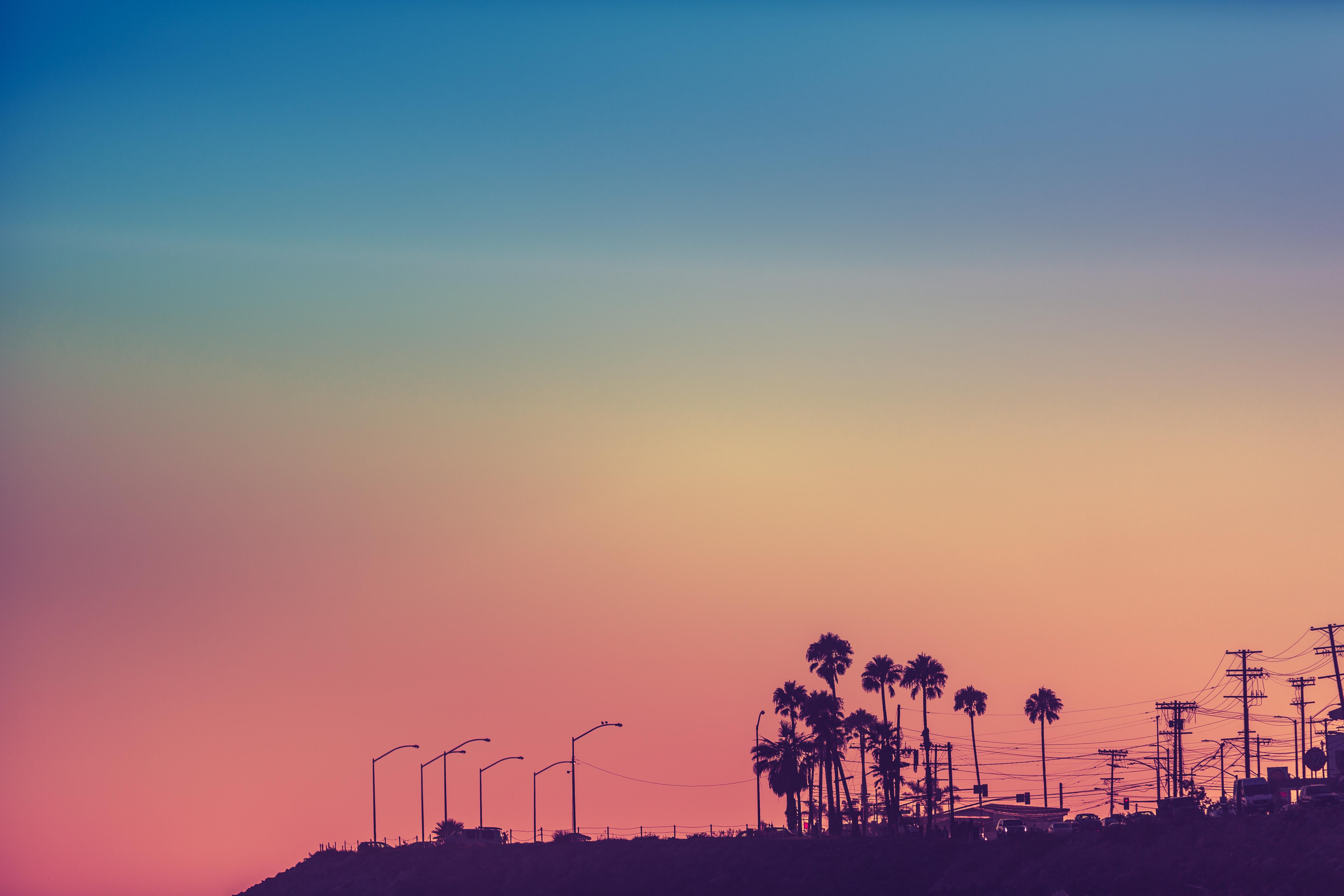 ロサンゼルスの壁紙4k,空,雲,残照,青い,地平線