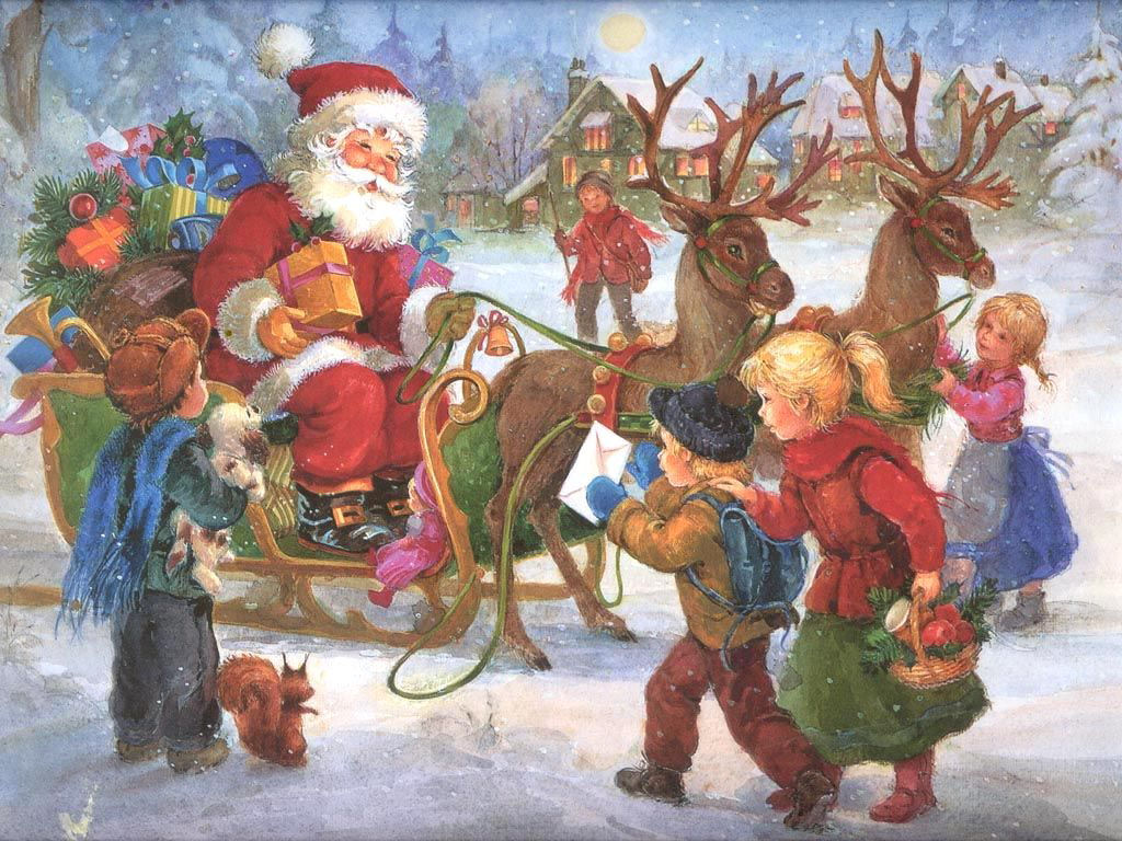 vintage christmas wallpaper,santa claus,christmas eve,christmas,painting,art
