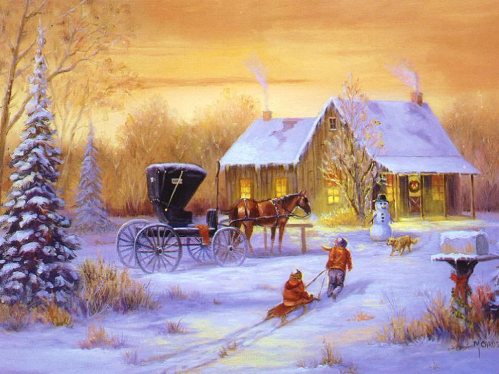 fond d'écran de scènes de noël,hiver,peinture aquarelle,la peinture,réveillon de noël,neige