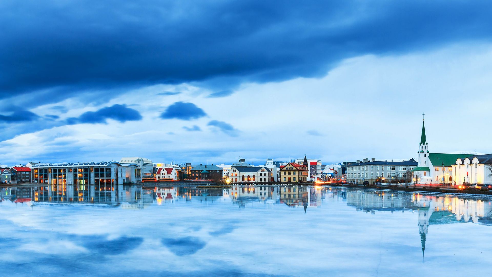 reykjavik fondo de pantalla,cielo,reflexión,agua,nube,azul