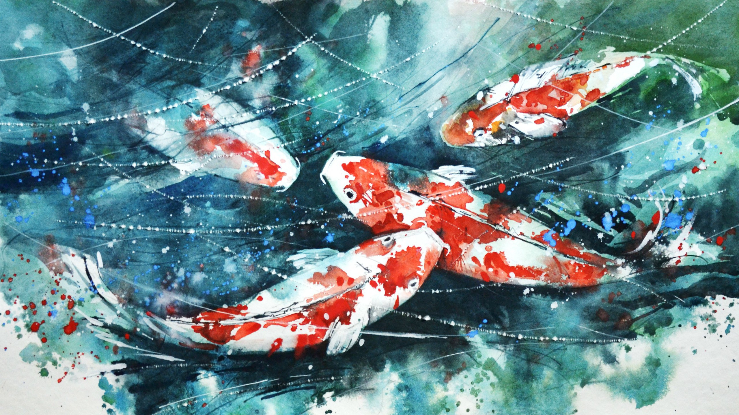 2560x1440 wallpaper,red,graphic design,watercolor paint,illustration,koi