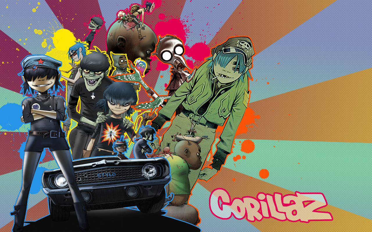 fondo de pantalla de gorillaz,dibujos animados,animación,ilustración,ficción,juegos