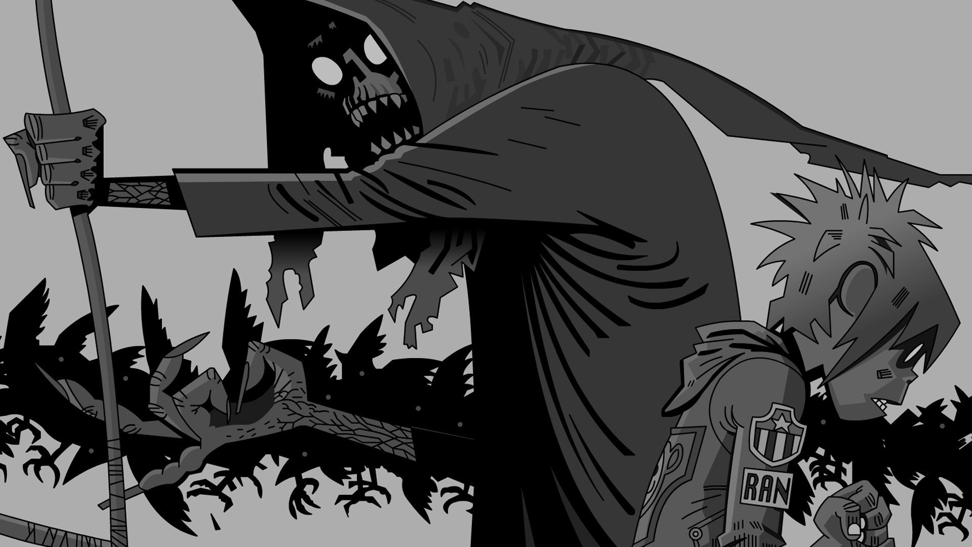 fondo de pantalla de gorillaz,dibujos animados,ilustración,personaje de ficción,en blanco y negro,monocromo