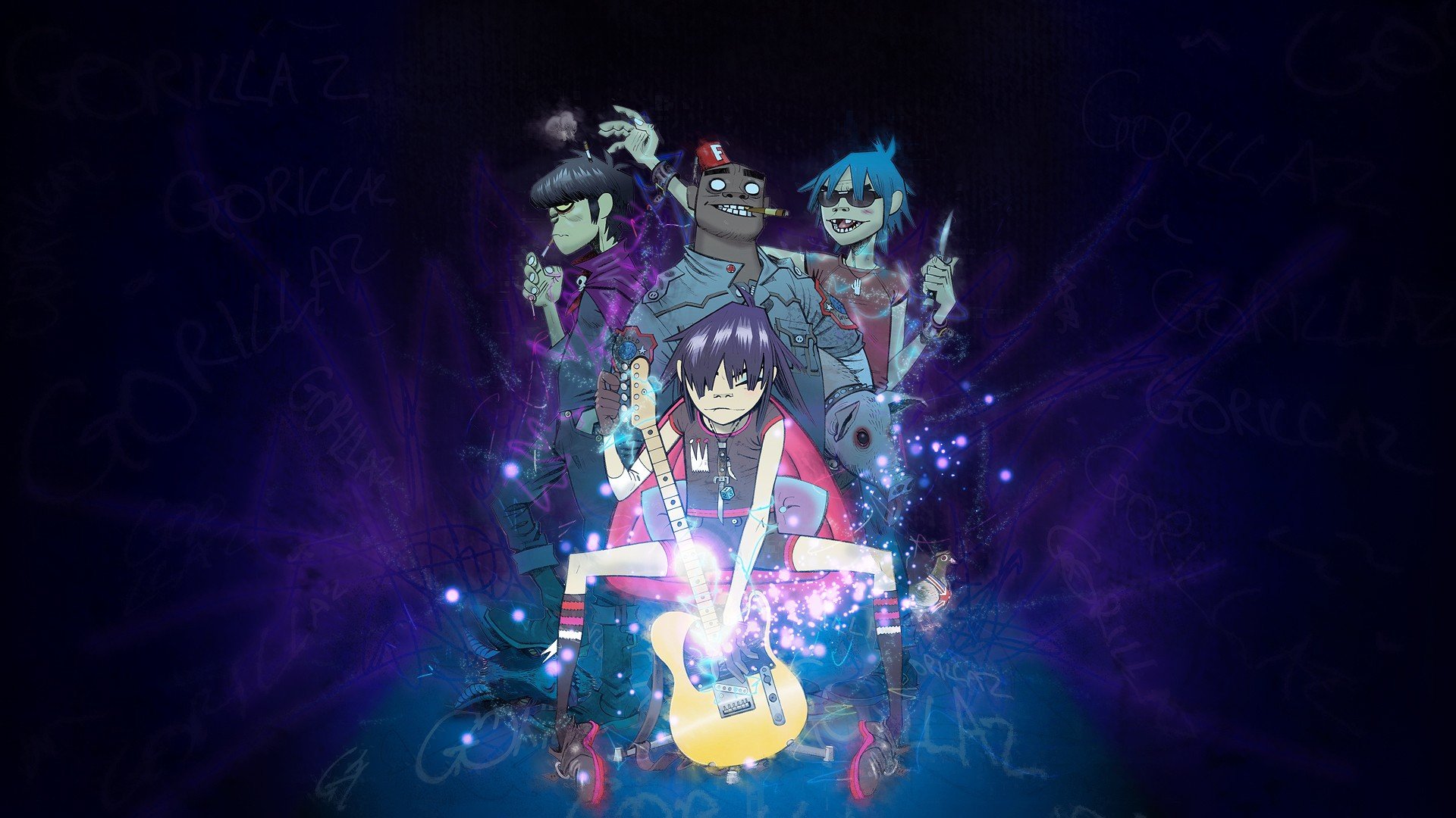 gorillaz wallpaper,anime,sky,black hair,graphic design,illustration