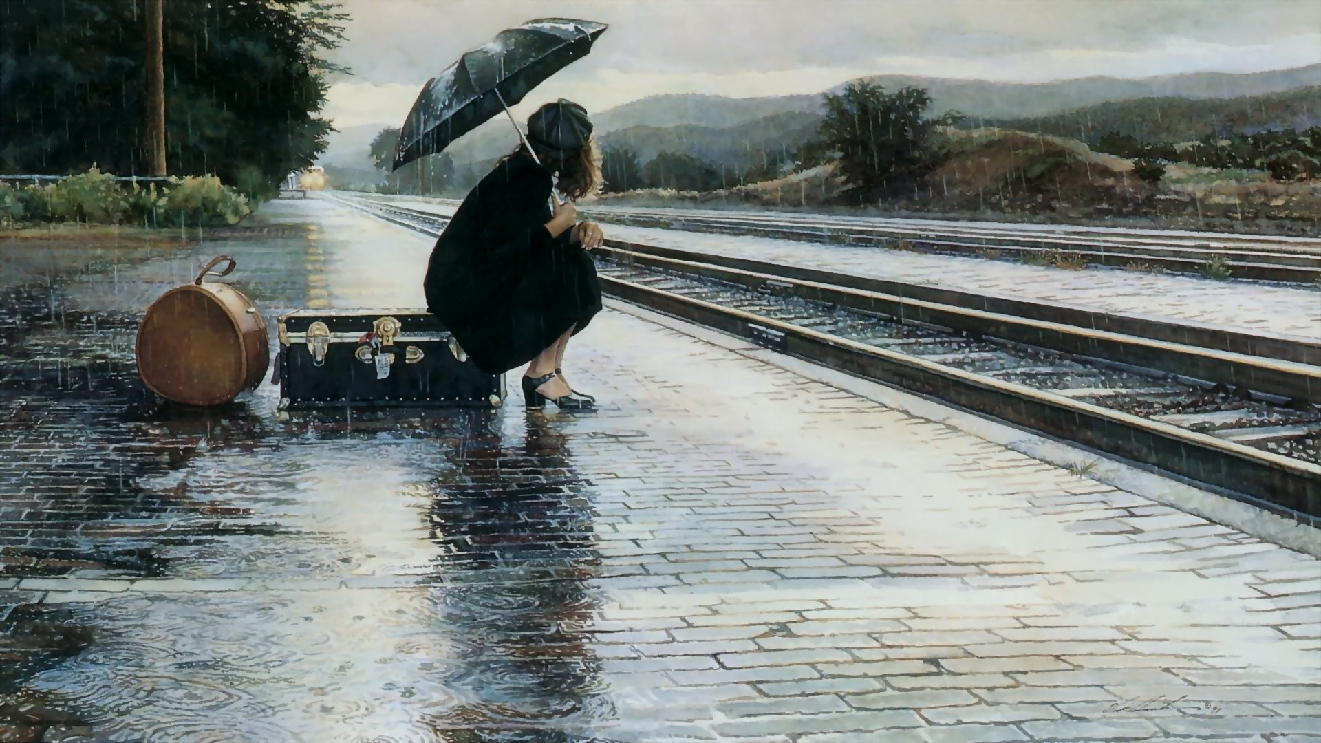 슬픈 소녀 벽지,우산,비,물,페인트 등,수채화 물감