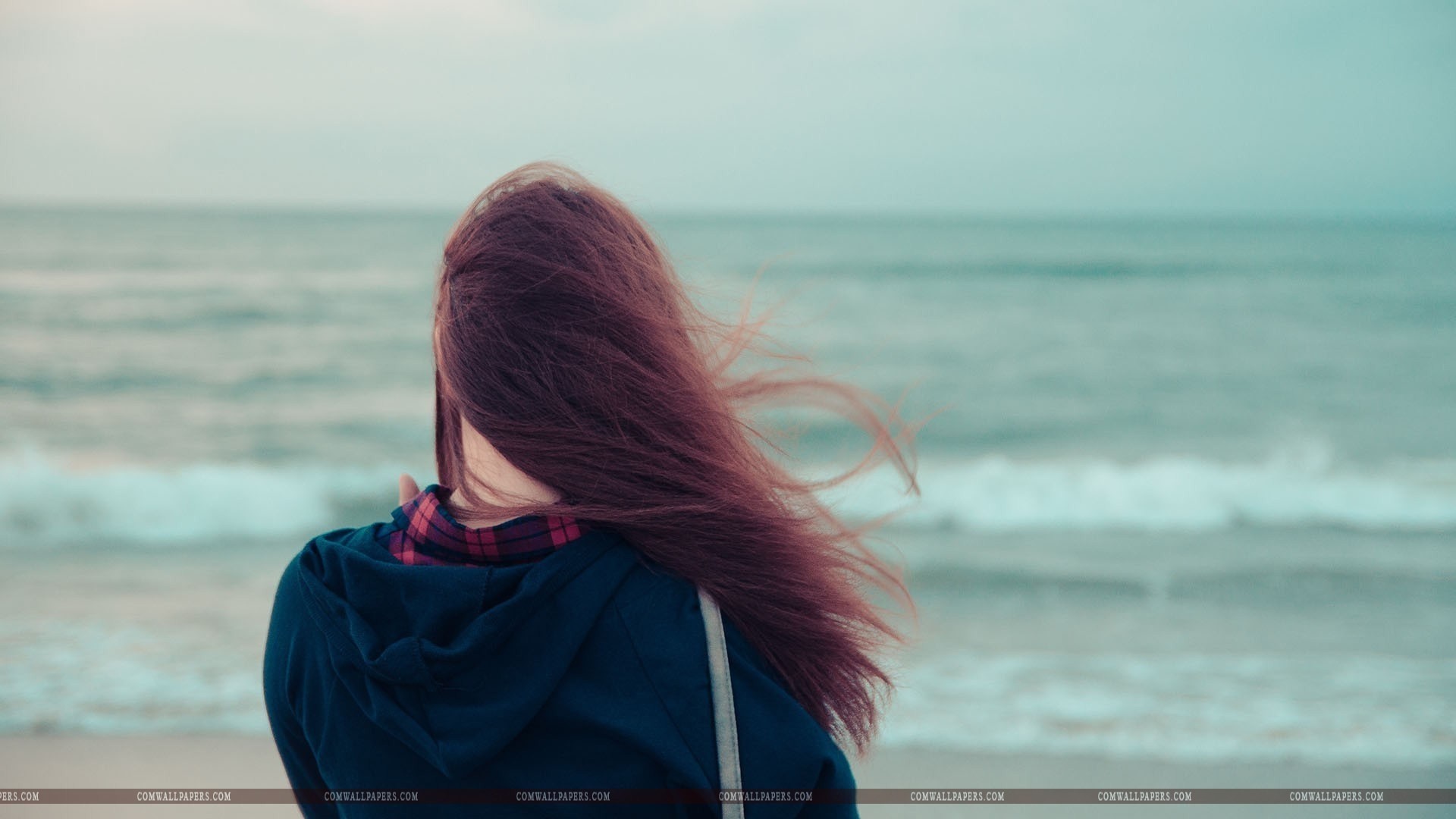 sad girl wallpaper,hair,photograph,sea,sky,ocean