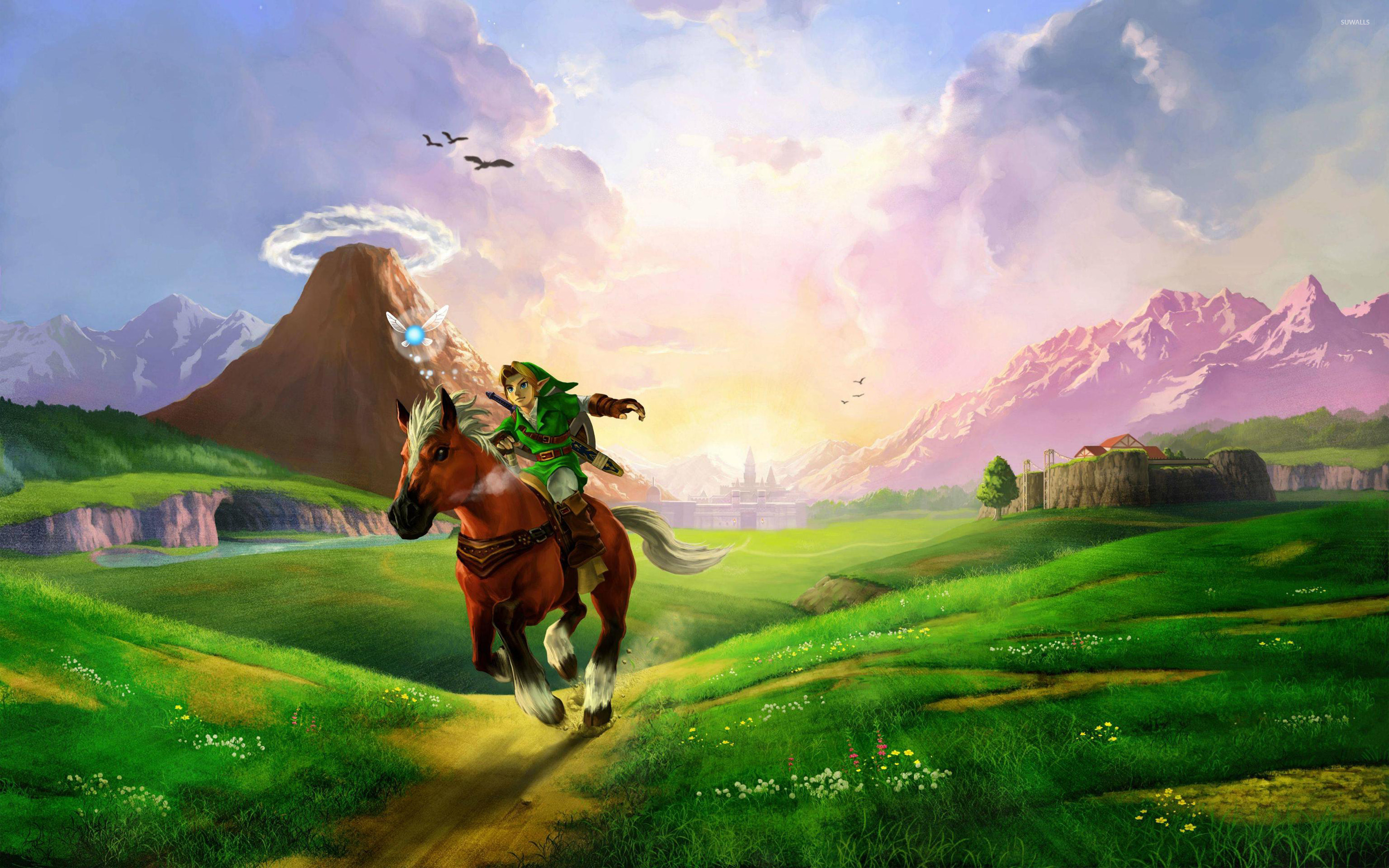 fondo de pantalla de zelda,pradera,paisaje natural,caballo,pintura,ilustración