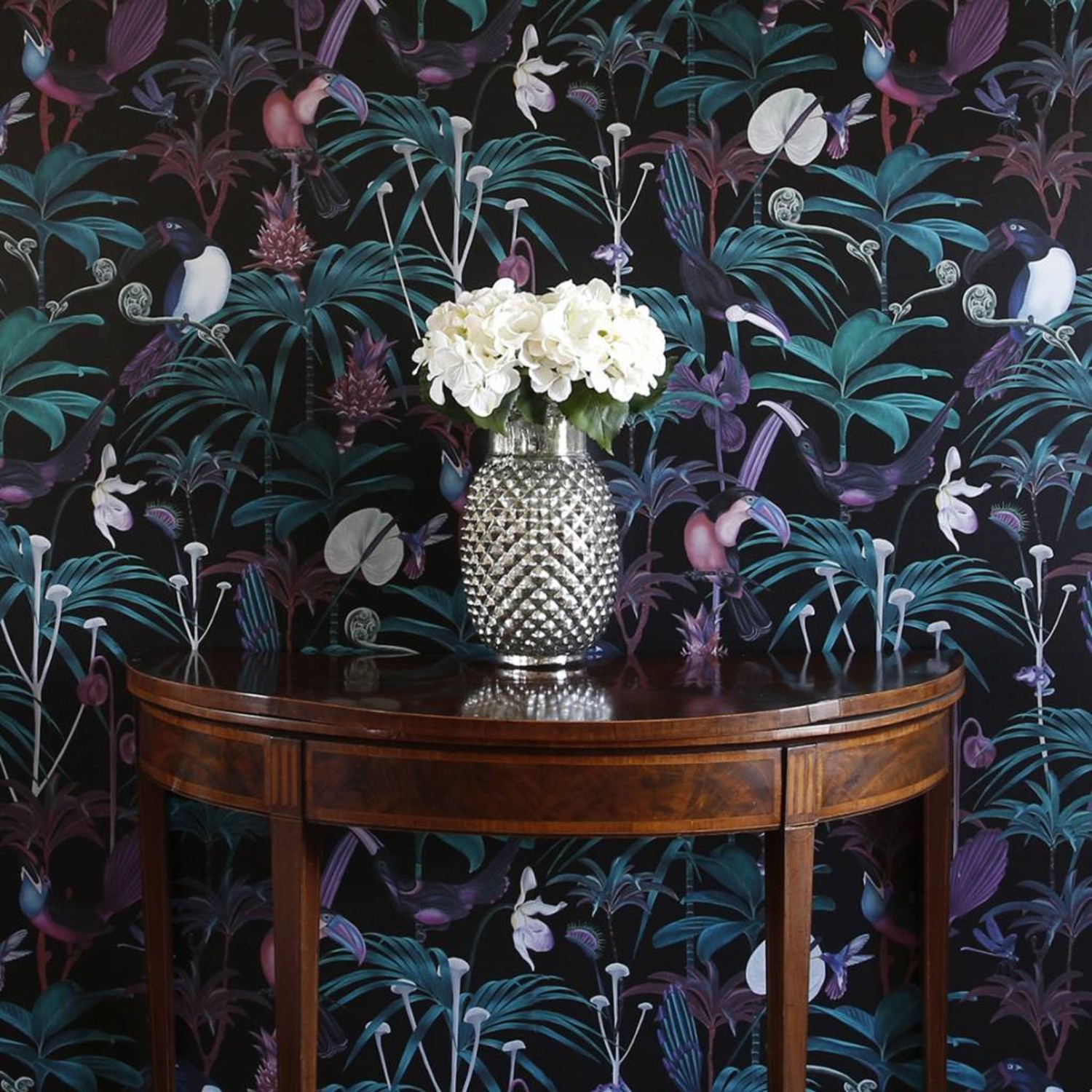 dark wallpaper,table,furniture,flower,plant,room