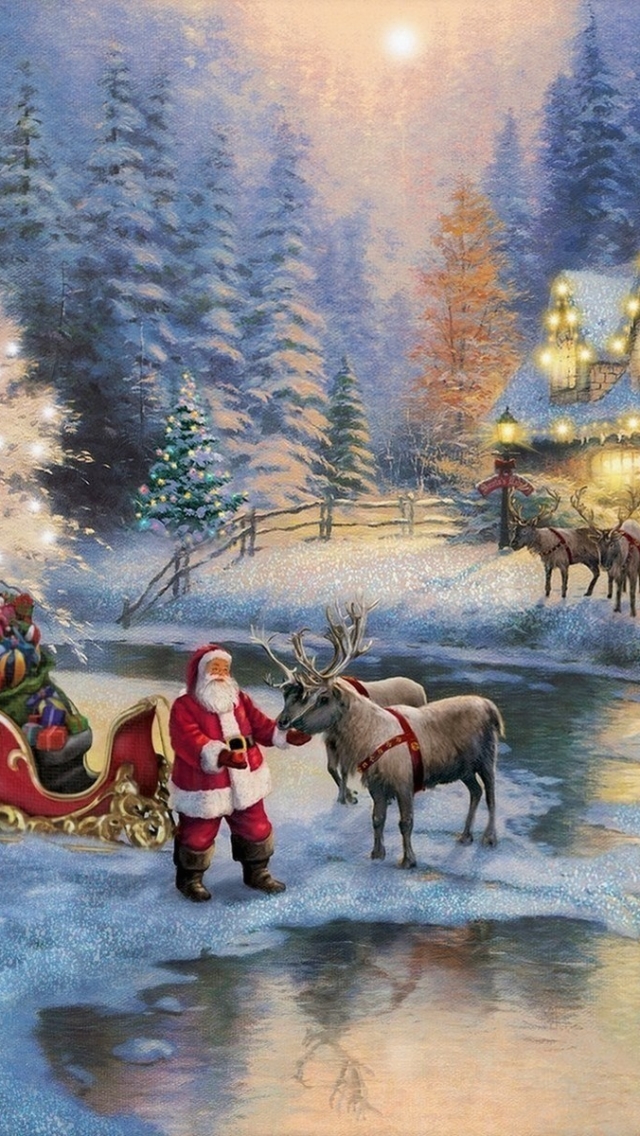 cellphone wallpaper,santa claus,painting,reindeer,christmas,christmas eve